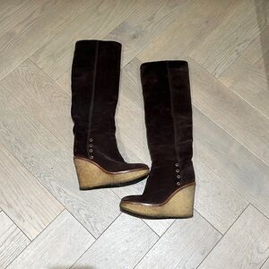 YSL brown suede wedge boots knee high or folded down size 5